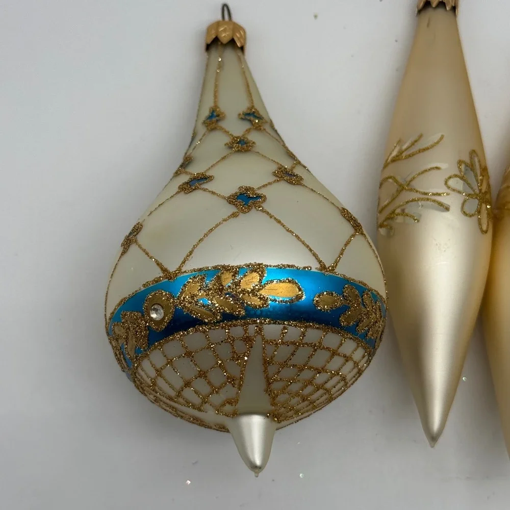 Vintage Glass Christmas Ornaments Lot 4 Cream Gold Lattice Teardrop Torpedo 6